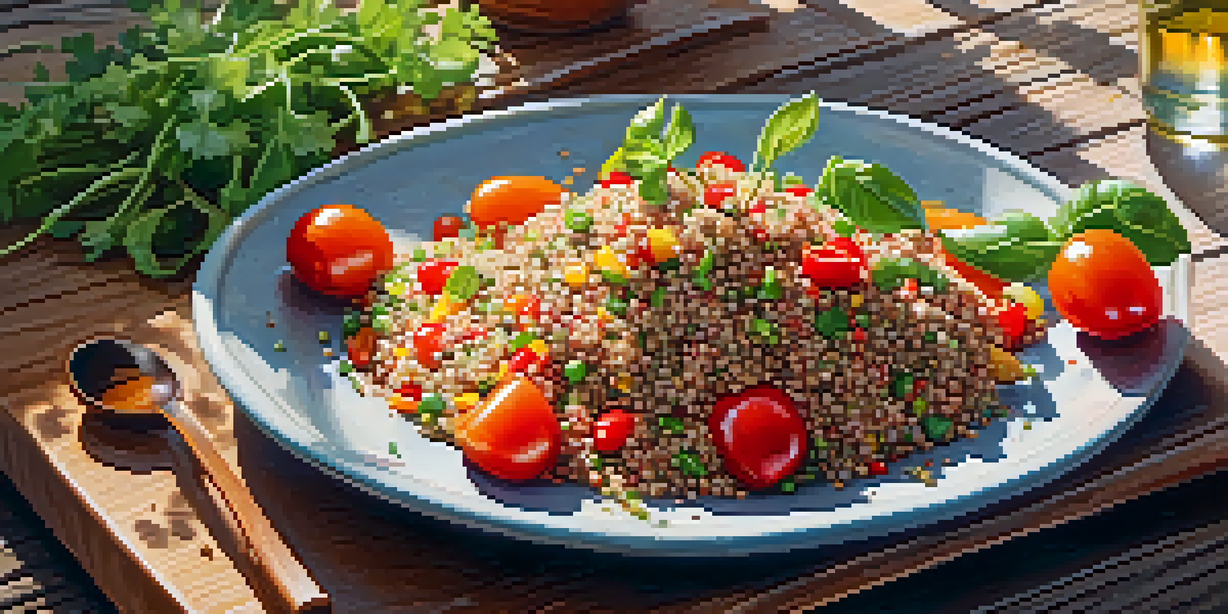 A colorful quinoa salad with cherry tomatoes, bell peppers, and herbs on a rustic wooden table, illuminated by sunlight.