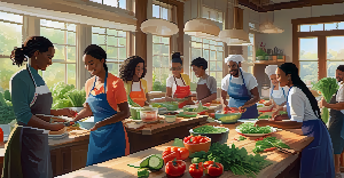 A lively cooking class where diverse individuals prepare a colorful summer salad with fresh vegetables on a wooden table, bright natural light illuminating the scene.