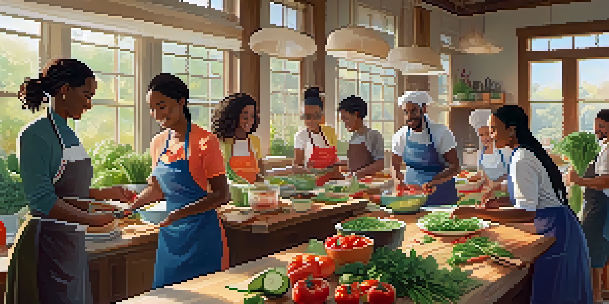 A lively cooking class where diverse individuals prepare a colorful summer salad with fresh vegetables on a wooden table, bright natural light illuminating the scene.