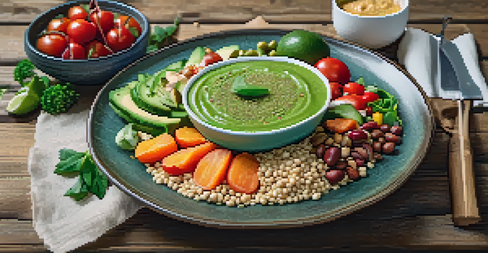 A colorful vegan meal featuring quinoa salad, roasted sweet potatoes, and a green smoothie on a rustic wooden table.