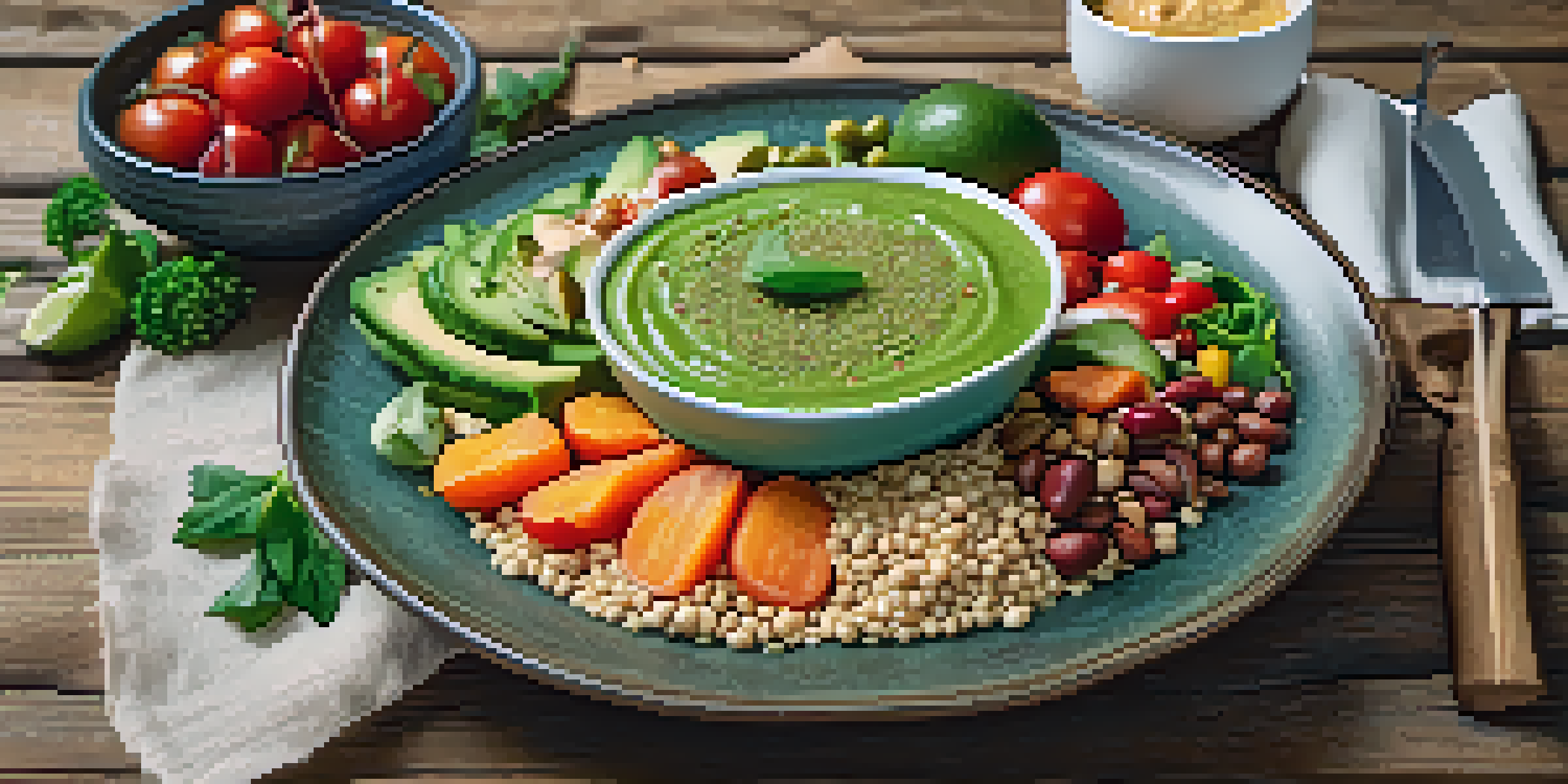 A colorful vegan meal featuring quinoa salad, roasted sweet potatoes, and a green smoothie on a rustic wooden table.