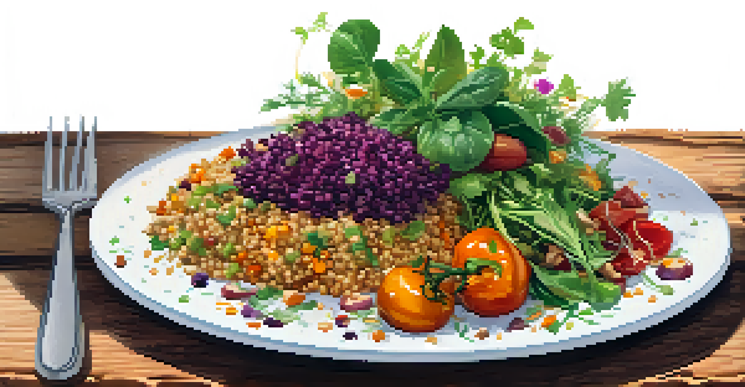 A colorful vegetarian meal with roasted vegetables and quinoa on a rustic wooden table, illuminated by warm light.