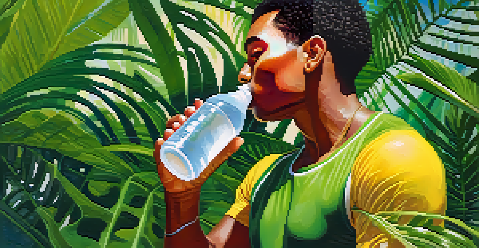 A refreshed athlete drinking coconut water post-workout, surrounded by tropical plants and sunlight.