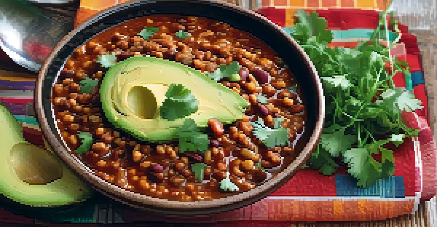 A close-up of lentil chili topped with cilantro and avocado in a ceramic bowl, accompanied by whole-grain bread and infused water on a colorful tablecloth.