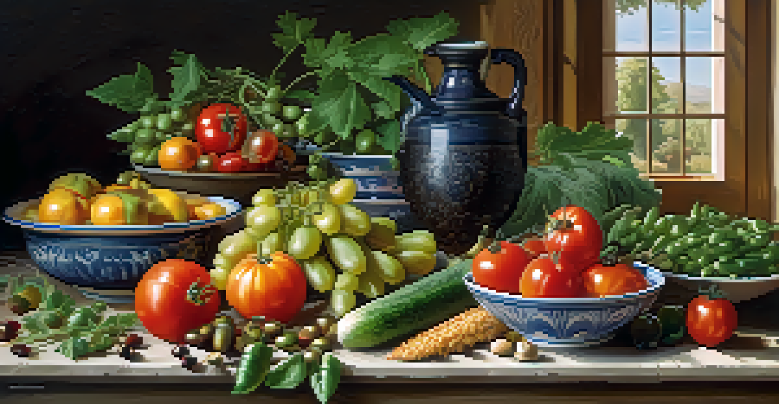 A still life of fresh fruits and vegetables on a rustic table, with ancient Greek writings nearby, showcasing a plant-based diet.