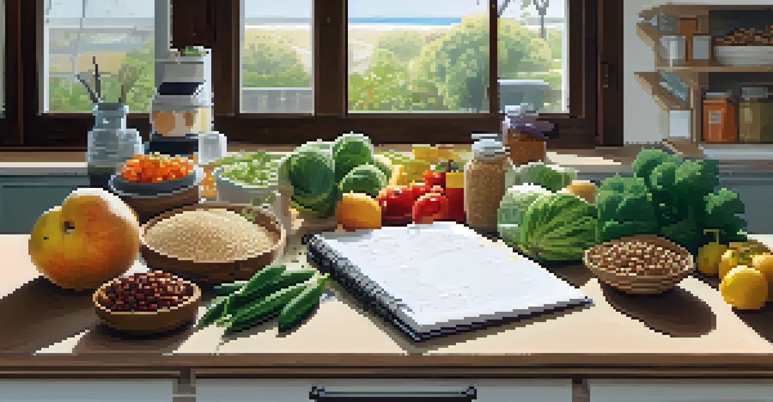 A kitchen counter displaying fresh whole foods and a notebook for meal planning, with natural sunlight illuminating the area.