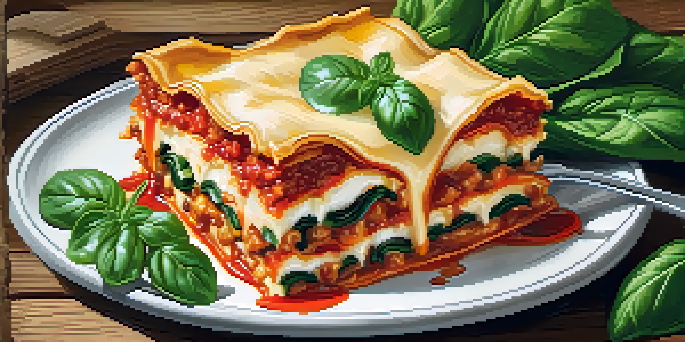 A detailed view of a vegetable lasagna with layers of sauce, vegetables, and cheese on a wooden table, garnished with basil.