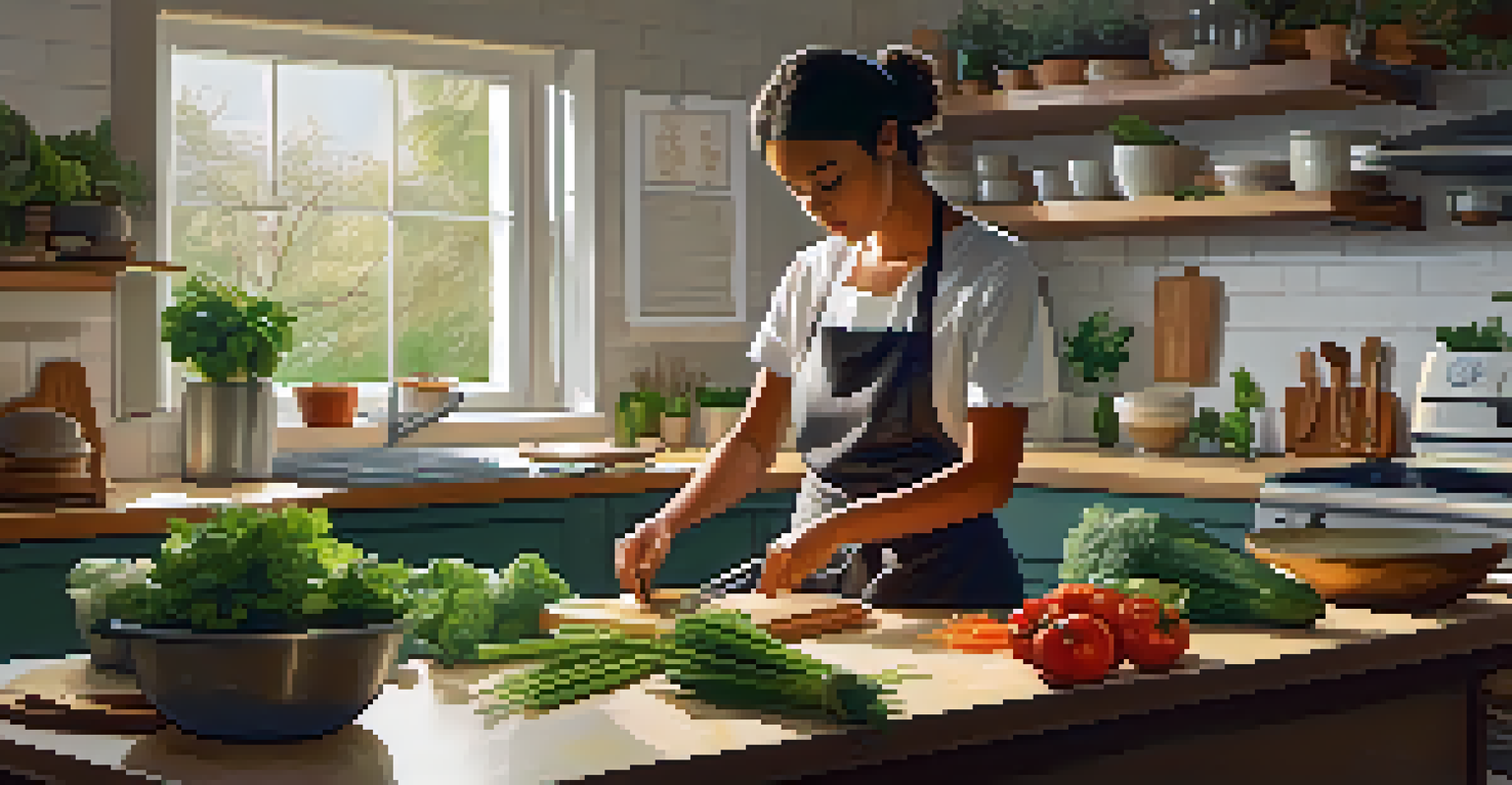 A person in a calm kitchen, preparing vegetables mindfully with a focused expression, surrounded by natural light and plants.