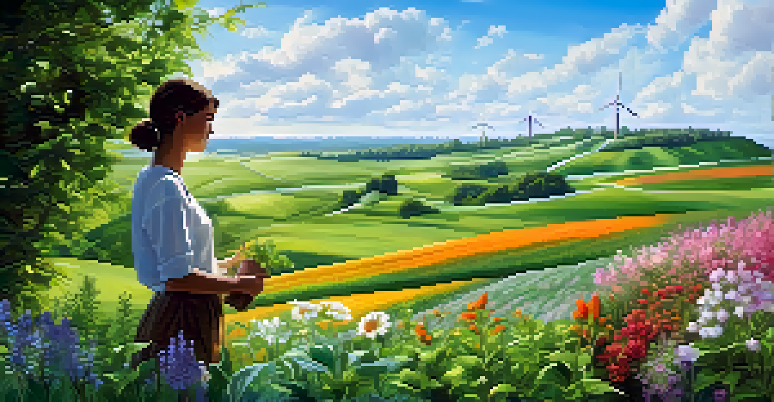 A picturesque green field with various plants, flowers, and a person caring for them, set against a clear blue sky.