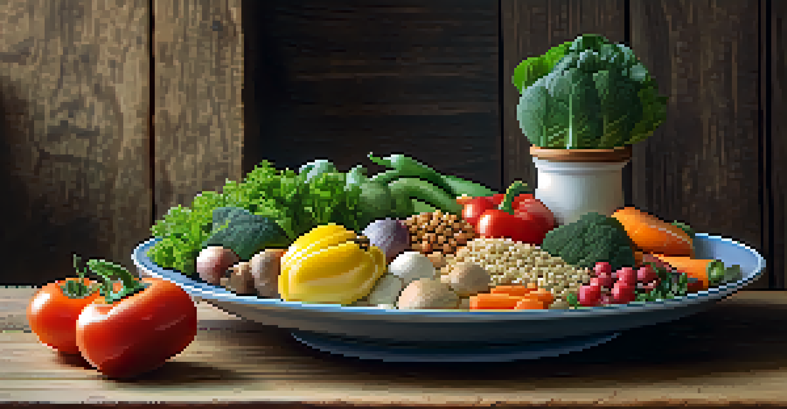 A colorful plate filled with various plant-based foods, beautifully arranged on a wooden table.