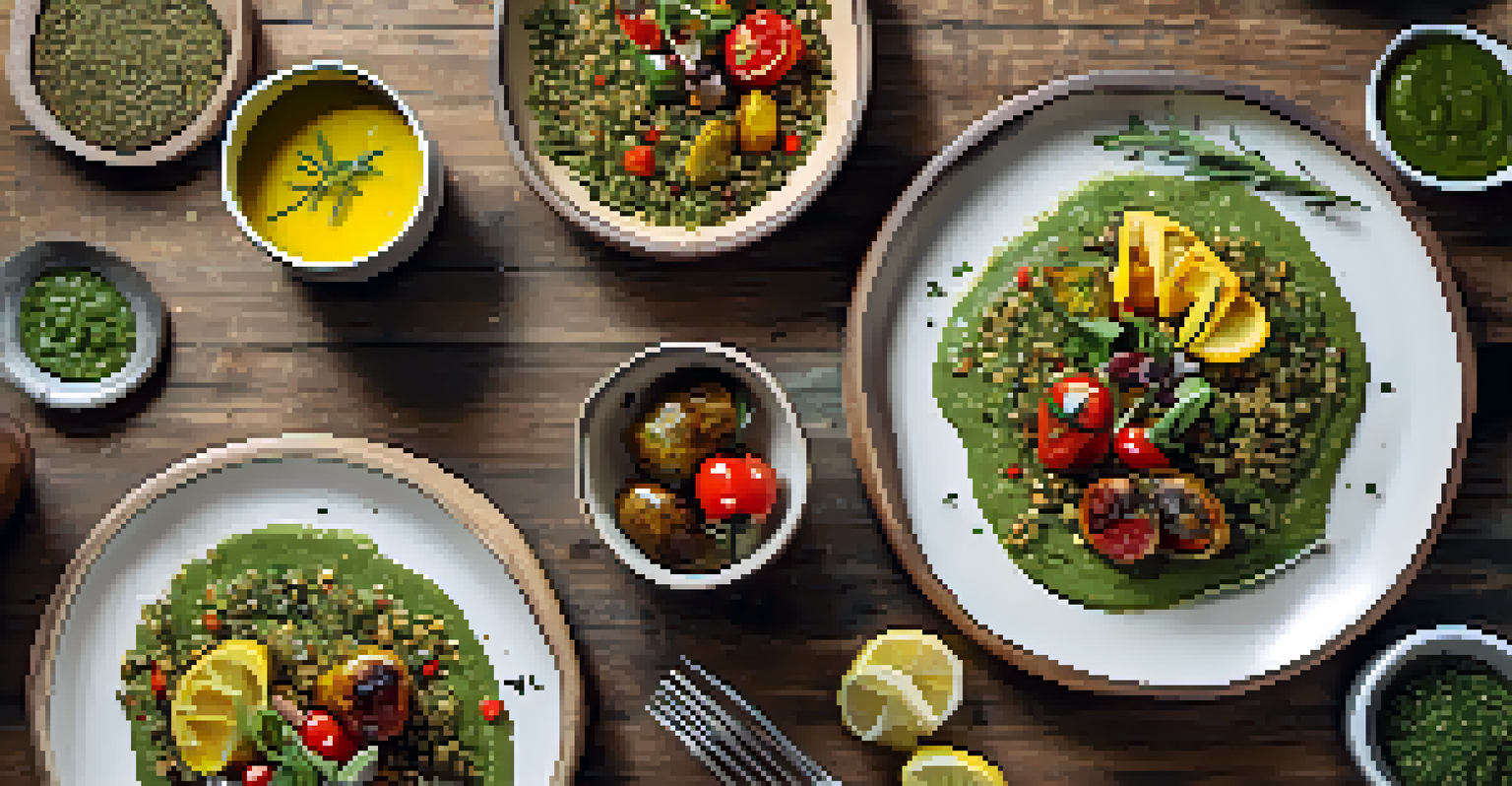 An overhead view of a colorful vegetarian meal featuring roasted vegetables and quinoa on a rustic wooden table.