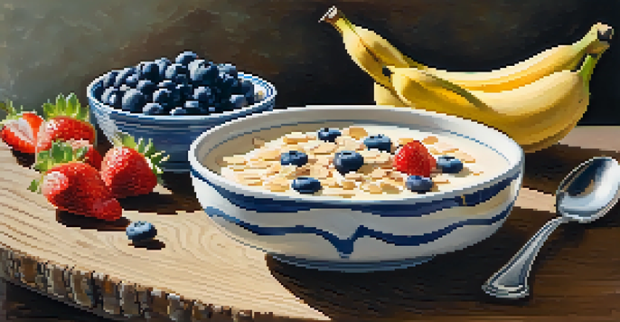 A bowl of oatmeal topped with fresh fruits and honey, with a cup of almond milk beside it, illuminated by soft morning light.