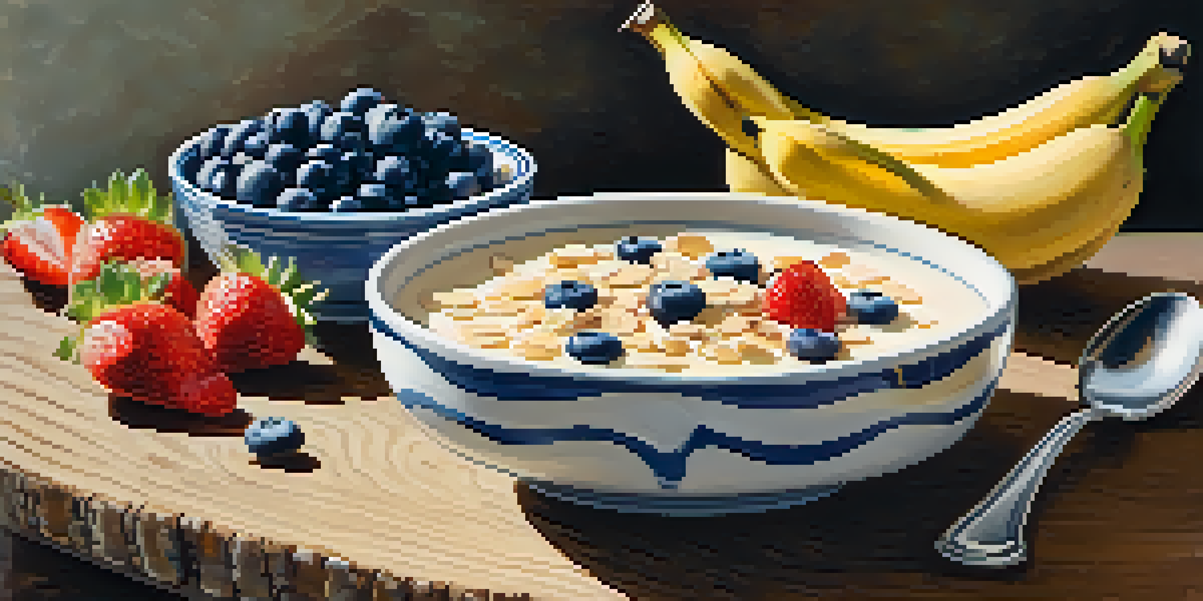 A bowl of oatmeal topped with fresh fruits and honey, with a cup of almond milk beside it, illuminated by soft morning light.