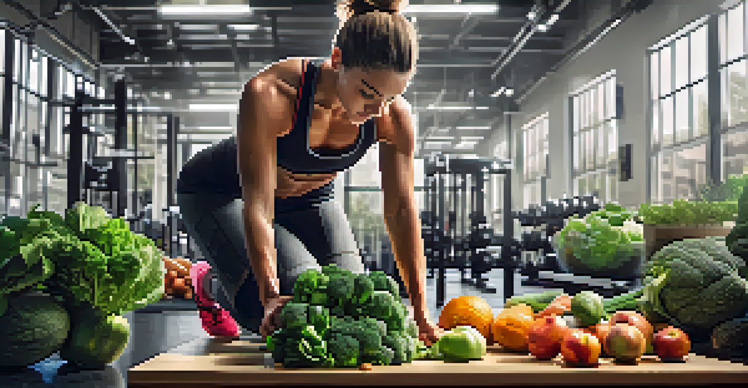A focused athlete training in a gym with fresh fruits and vegetables around, symbolizing plant-based nutrition.