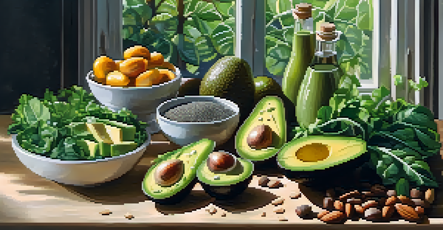 A vibrant display of vegetarian foods including avocados, nuts, chia seeds, and greens on a wooden table illuminated by sunlight.