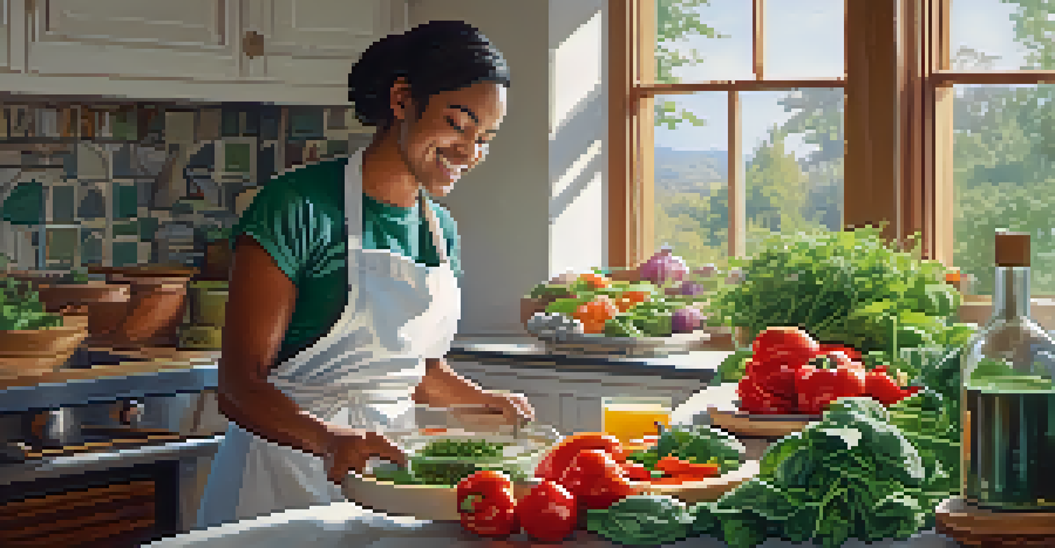 A person in a cozy kitchen preparing a vegetarian dish with fresh ingredients.