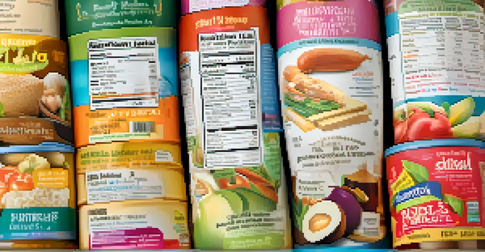 A close-up view of various colorful food labels on vegetarian products, highlighting their ingredients and nutritional information.