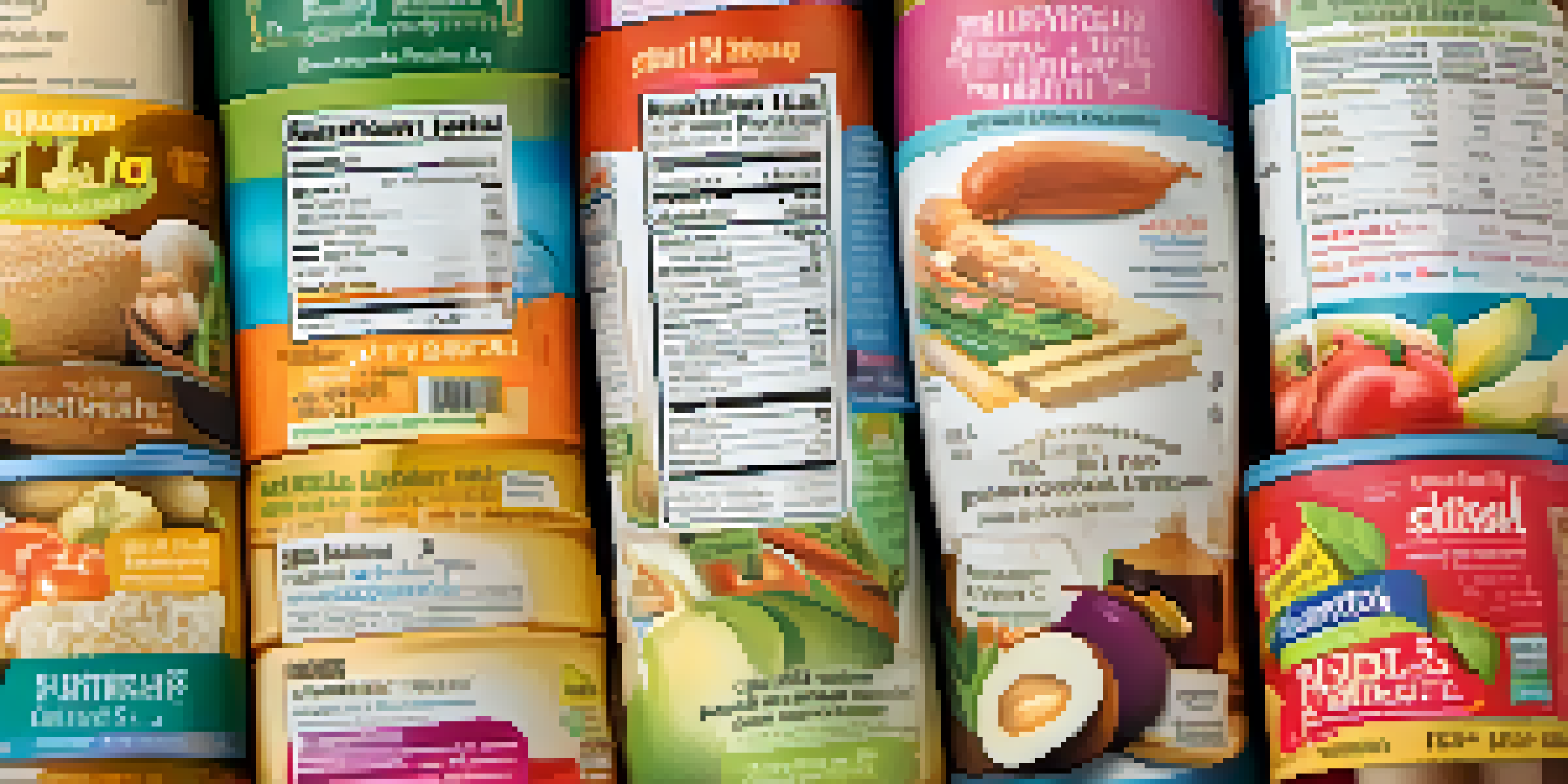 A close-up view of various colorful food labels on vegetarian products, highlighting their ingredients and nutritional information.