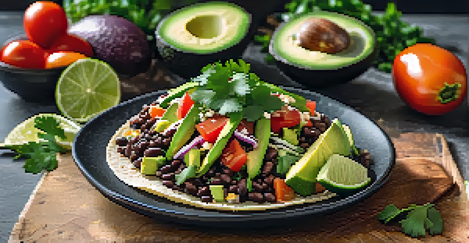 Black bean tacos with avocado and cilantro, served with brown rice and colorful ingredients in the background.