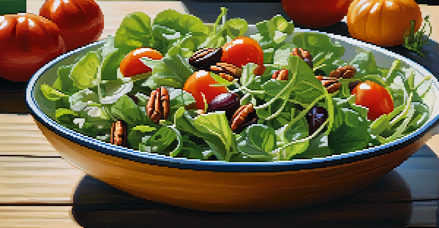 A colorful salad with mixed greens, cherry tomatoes, pumpkin seeds, and pecans, set on a wooden table with sunlight casting shadows.
