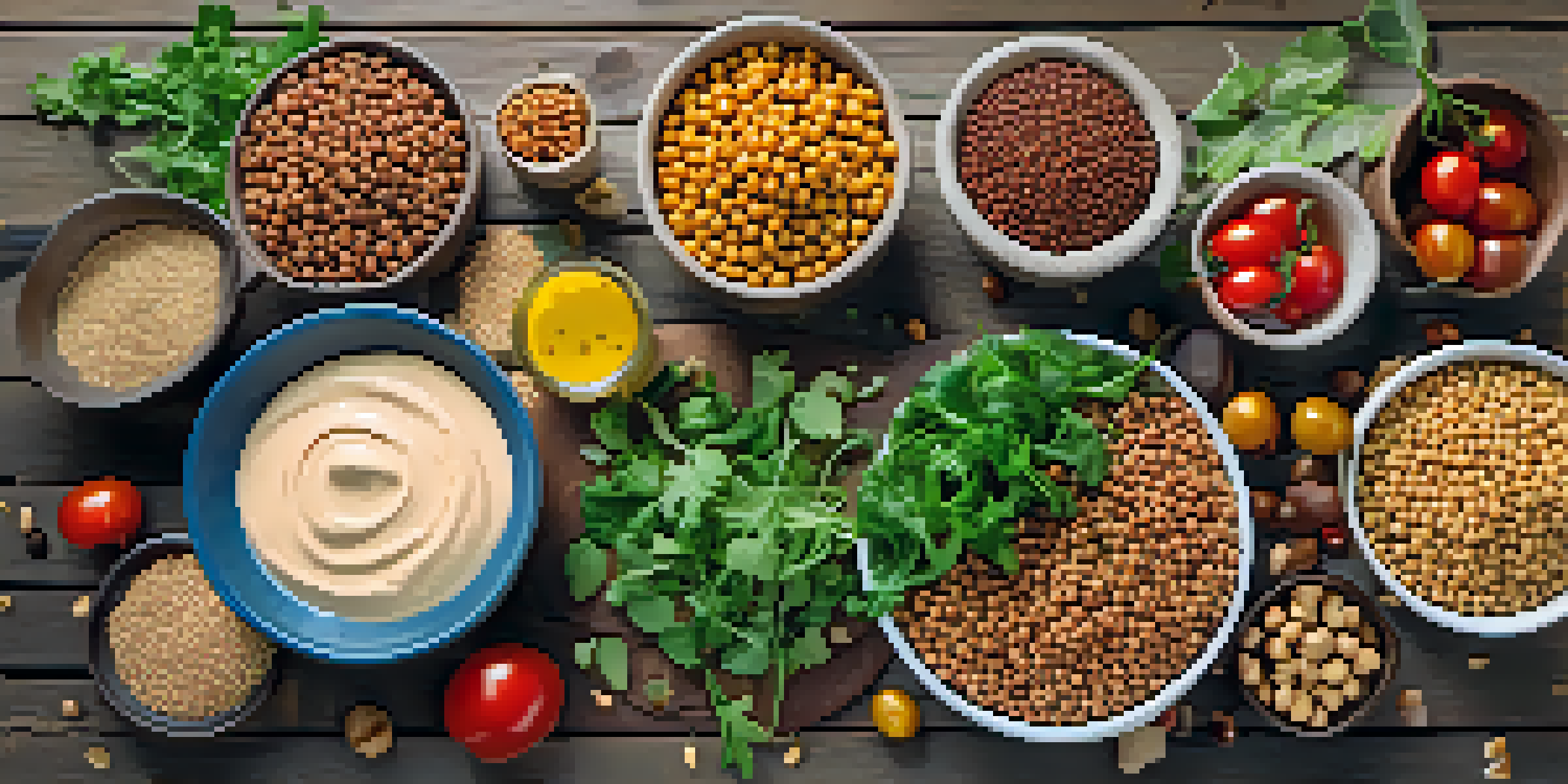 A wooden table displaying an assortment of plant-based protein sources, including lentils, chickpeas, quinoa salad, and various nuts and seeds, illuminated by soft natural light.