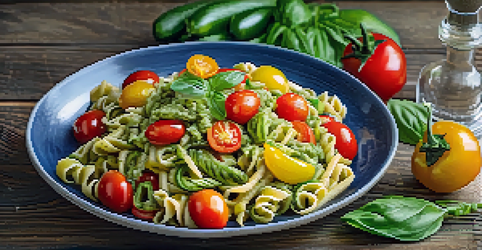 A colorful pesto pasta dish with cherry tomatoes, zucchini, and bell peppers on a wooden table with basil leaves.