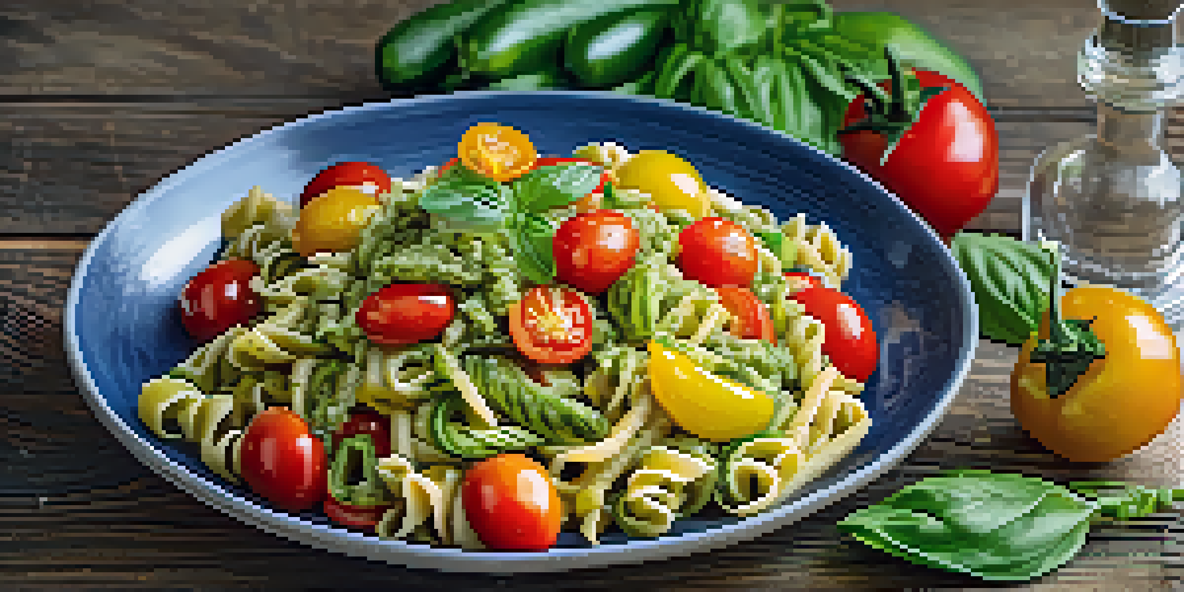 A colorful pesto pasta dish with cherry tomatoes, zucchini, and bell peppers on a wooden table with basil leaves.