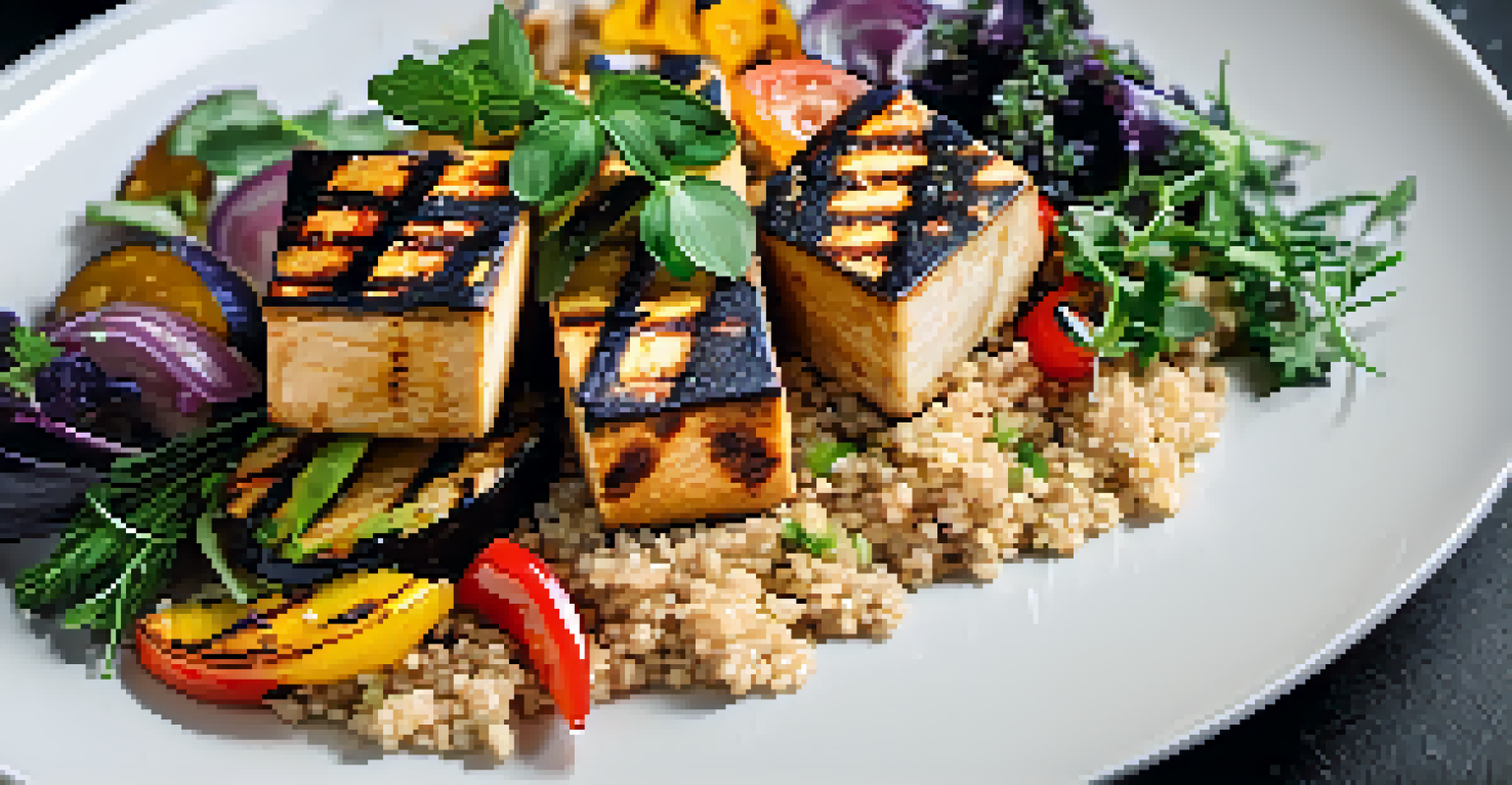 A plate of grilled tofu with roasted vegetables and quinoa, garnished with herbs on a dark slate background.