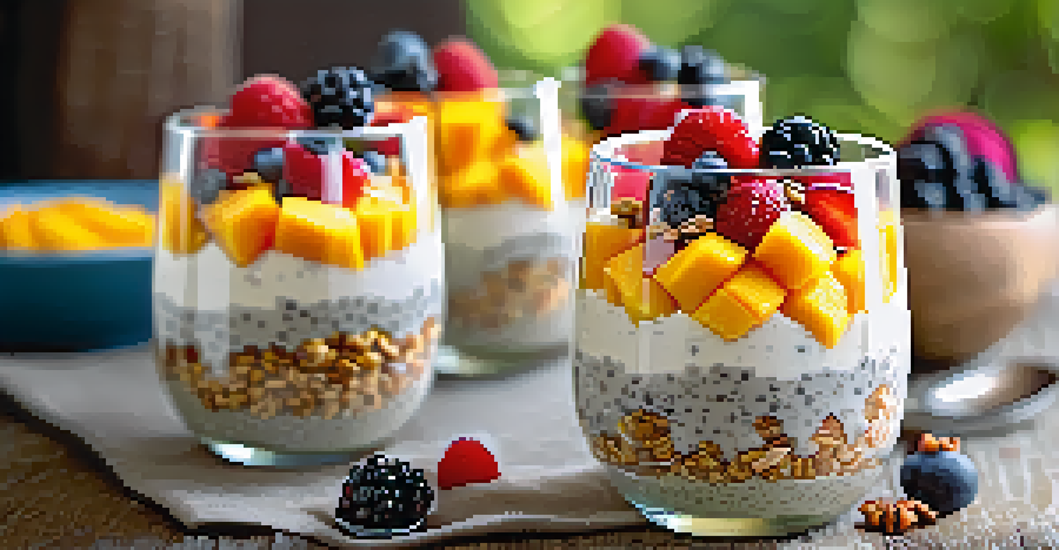 Close-up of coconut chia pudding cups decorated with mango and berries, showcasing a refreshing dessert on a wooden table.