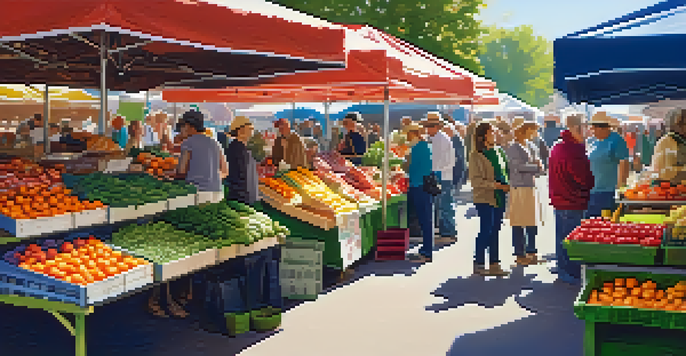 A bustling farmers' market with colorful fruits and vegetables, showcasing community engagement and fresh produce.