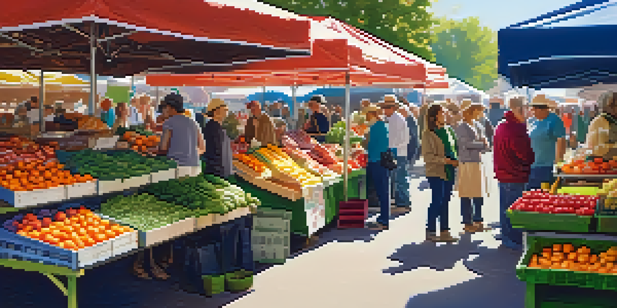 A bustling farmers' market with colorful fruits and vegetables, showcasing community engagement and fresh produce.