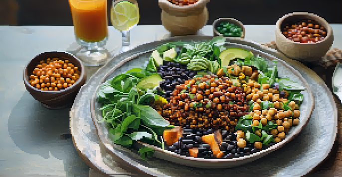A table set with colorful plant-based dishes including quinoa salad, black bean chili, and roasted chickpeas, surrounded by lush green plants.
