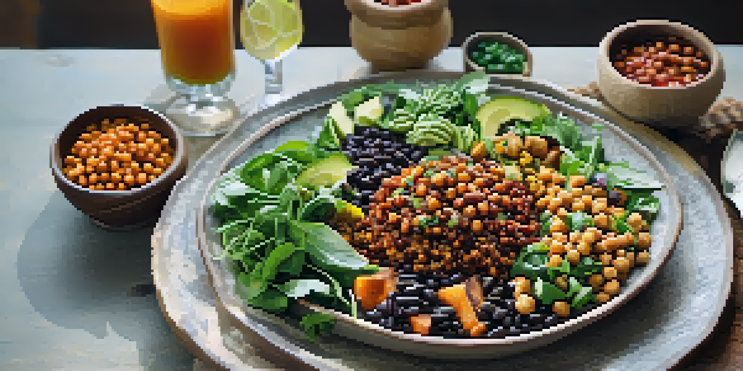 A table set with colorful plant-based dishes including quinoa salad, black bean chili, and roasted chickpeas, surrounded by lush green plants.