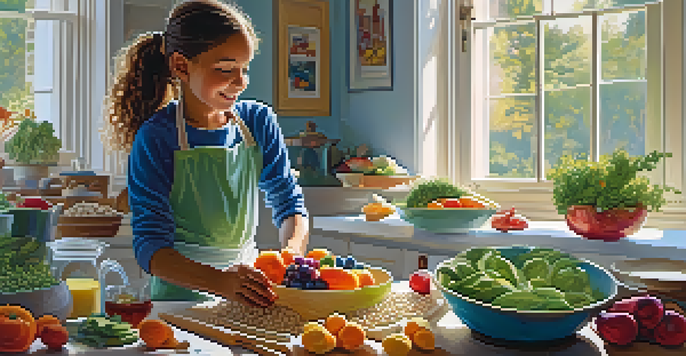 A child in a bright kitchen preparing a healthy vegetarian meal with colorful ingredients.