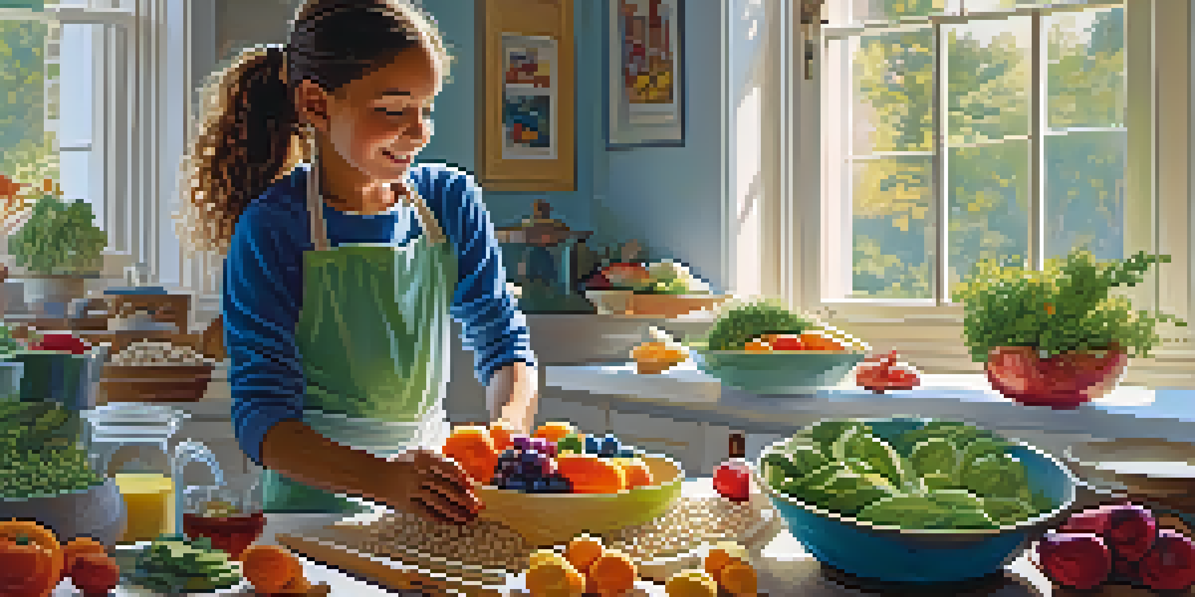 A child in a bright kitchen preparing a healthy vegetarian meal with colorful ingredients.