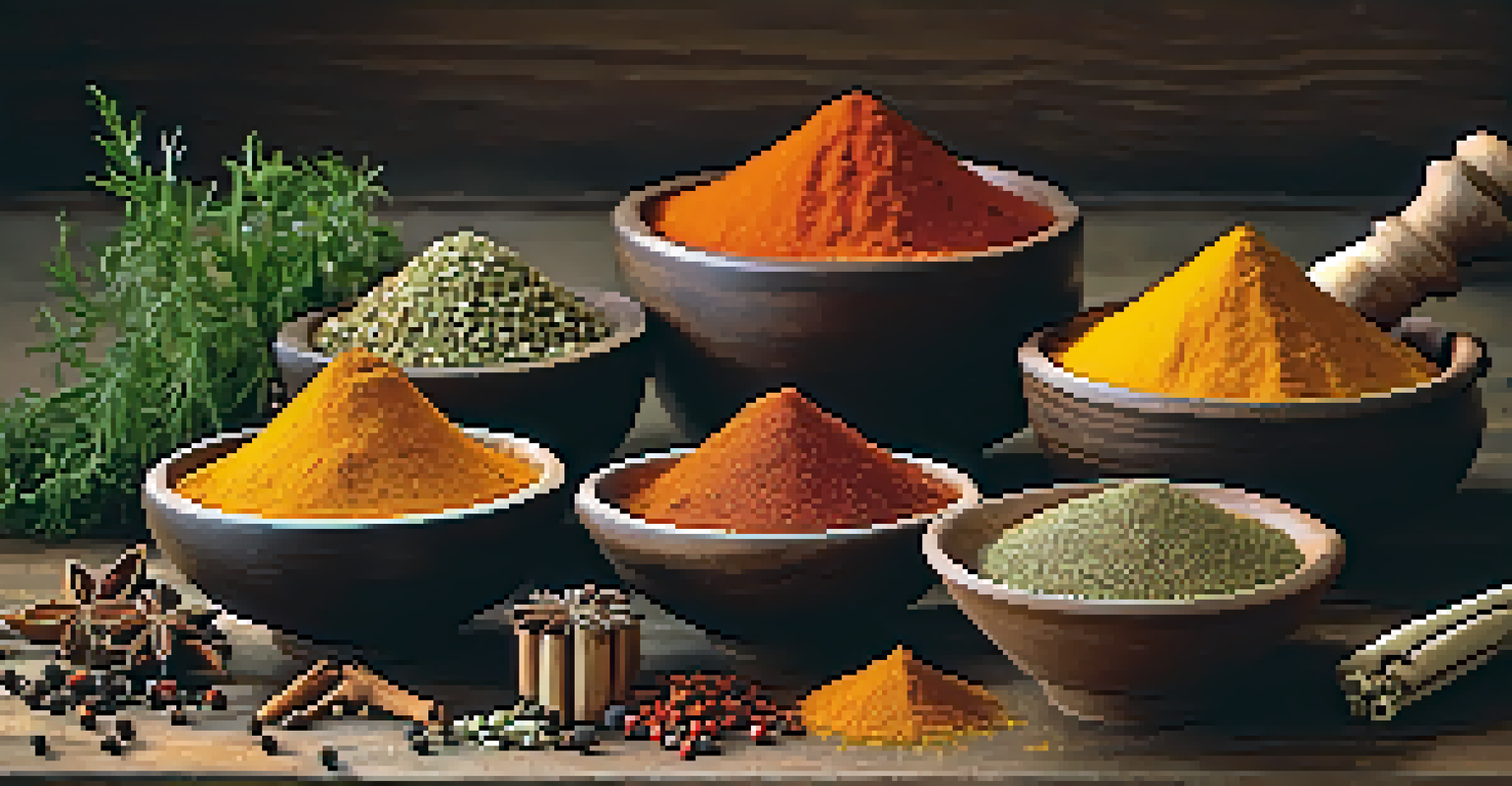 An arrangement of dried spices and fresh herbs on a wooden table.