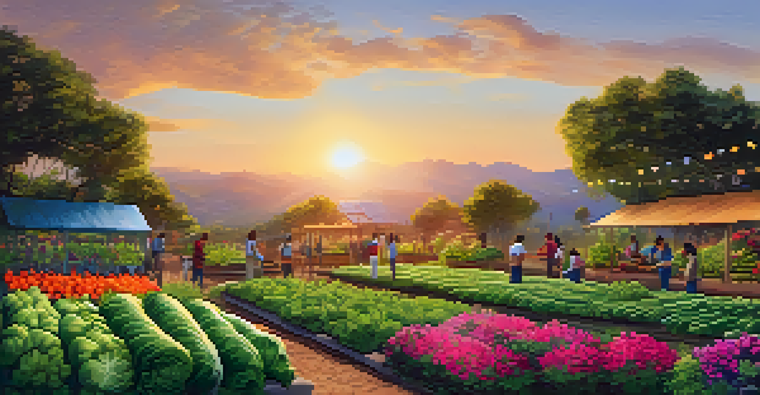 A community garden in Latin America with people participating in sustainable farming practices at sunset.