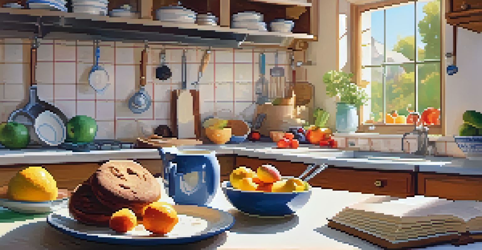 A kitchen scene with an open cookbook on a dessert recipe, surrounded by baking ingredients, bathed in warm sunlight.