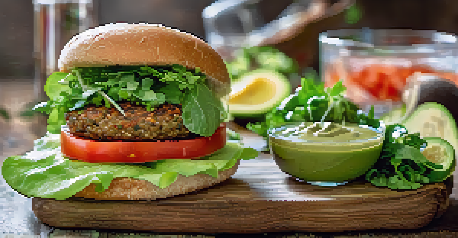 A close-up of a lentil burger on a wooden board, topped with lettuce, tomato, and avocado sauce, accompanied by mixed greens and lemon-infused water.