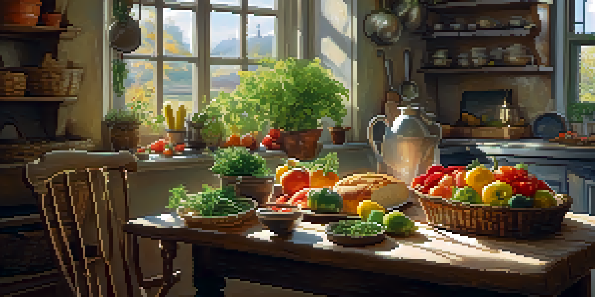 A rustic kitchen with a table full of fresh vegetables and fruits, sunlight streaming through the window, showcasing a vegetarian meal.