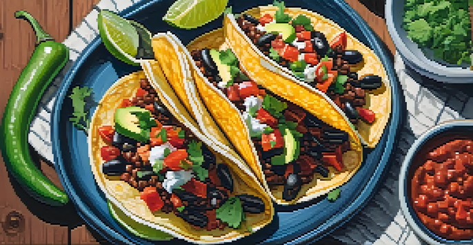 A plate of vegetarian tacos filled with roasted vegetables and avocado, with salsa and crema on the side, presented on a wooden table.