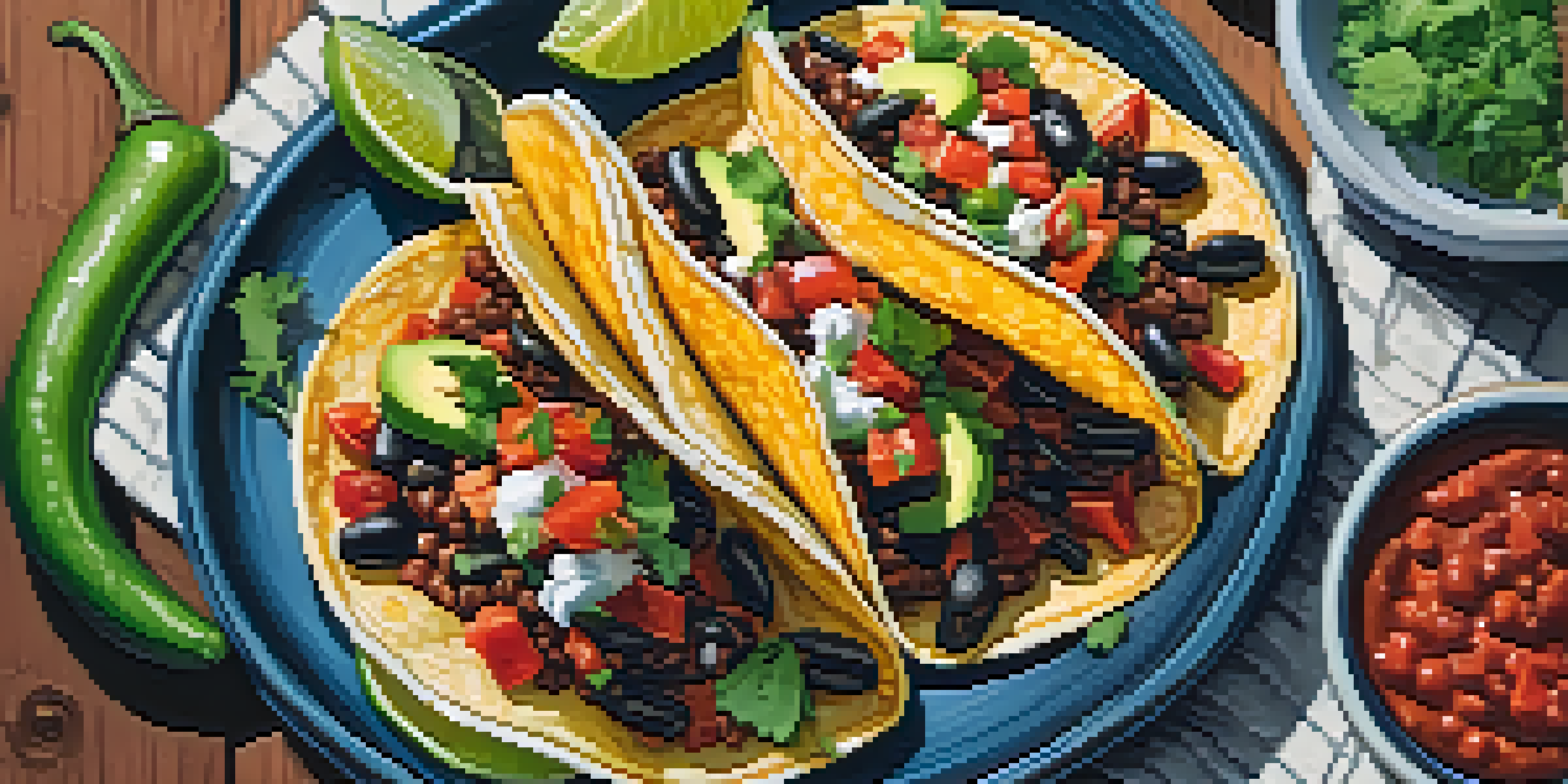 A plate of vegetarian tacos filled with roasted vegetables and avocado, with salsa and crema on the side, presented on a wooden table.
