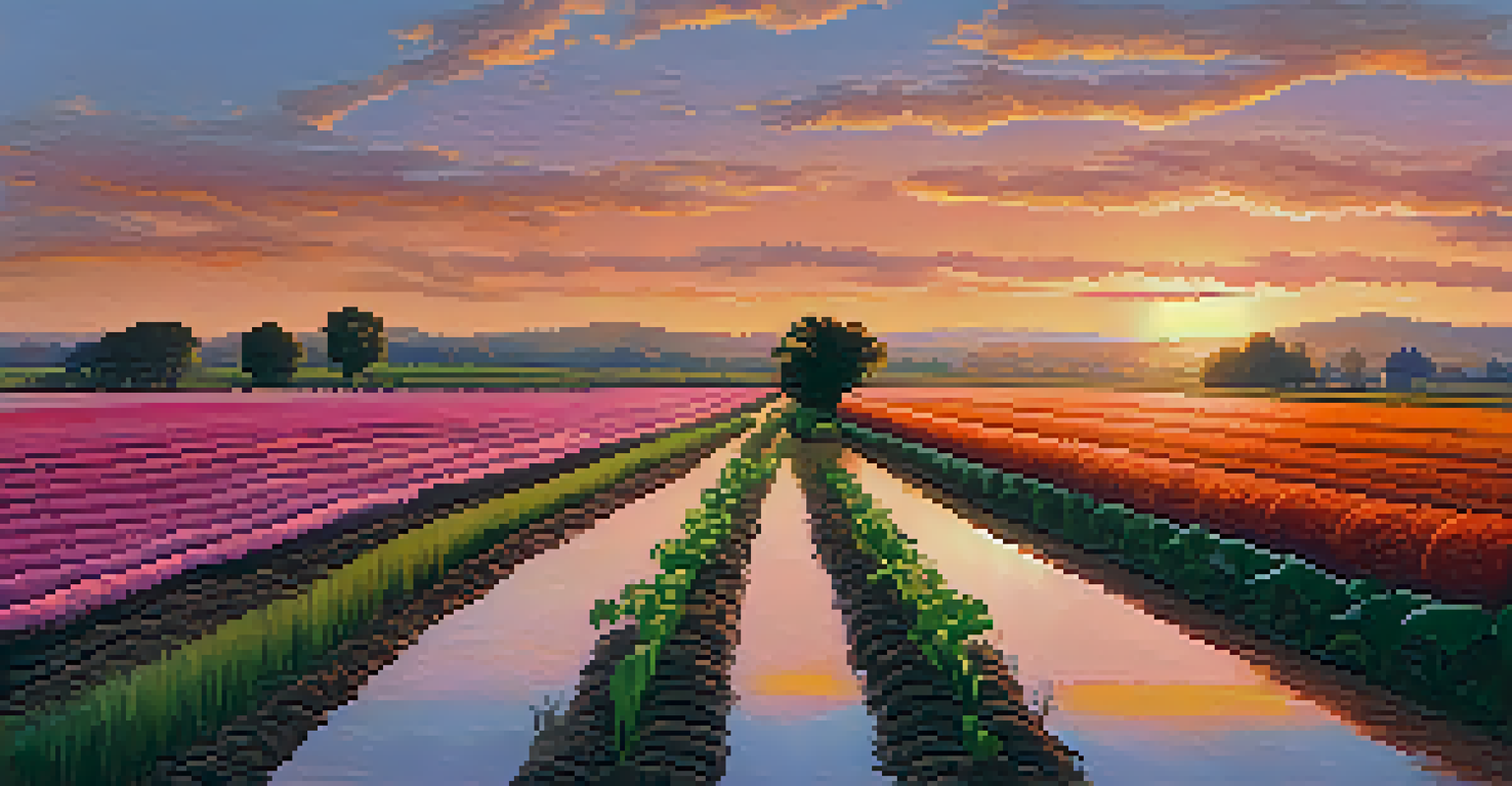 A CSA farm at sunset with rows of crops, a farmer nurturing plants, and a small pond reflecting the colorful sky.