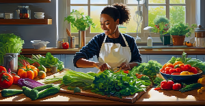 A cheerful vegetarian chef preparing a colorful plant-based dish in a bright kitchen filled with fresh vegetables.