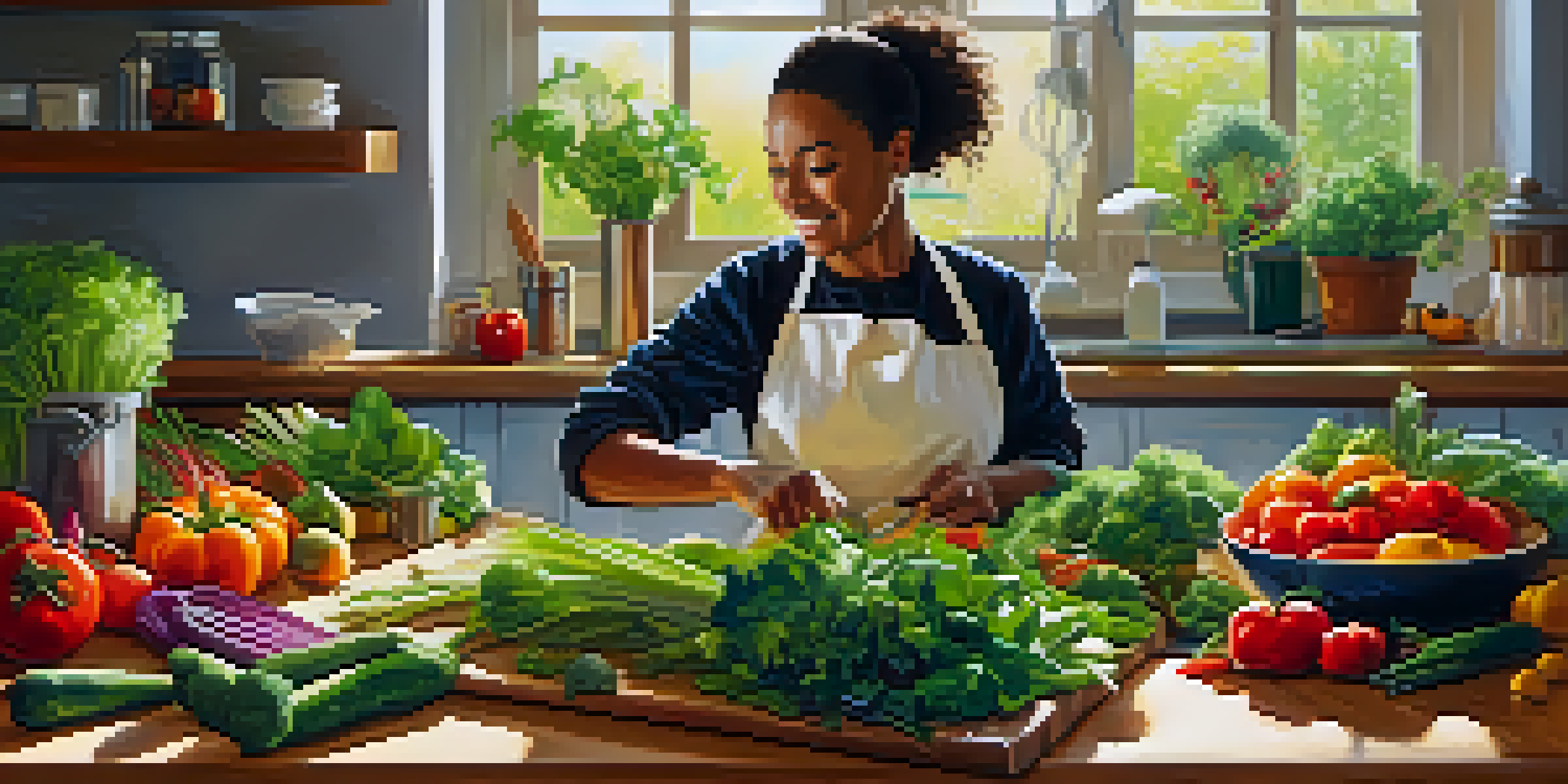 A cheerful vegetarian chef preparing a colorful plant-based dish in a bright kitchen filled with fresh vegetables.