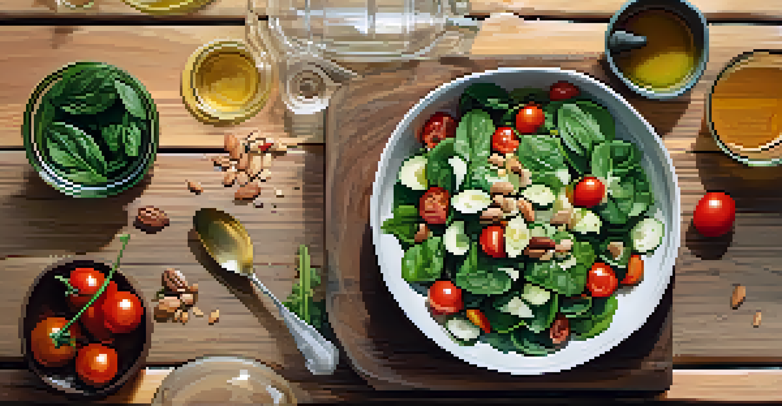 An overhead view of a colorful salad made with spinach, cherry tomatoes, cucumbers, and nuts, accompanied by a bowl of vinaigrette on a wooden table.
