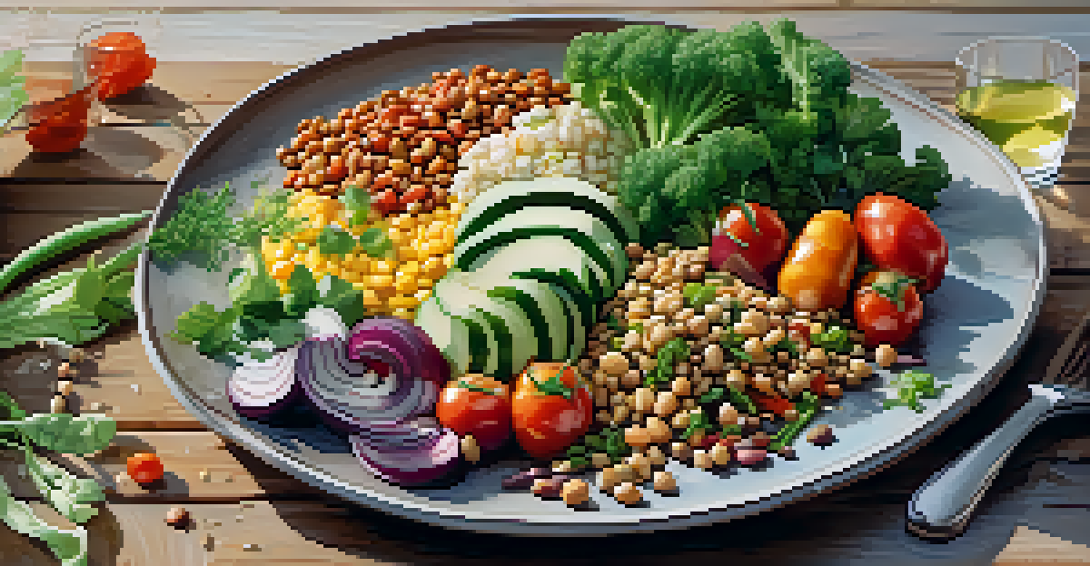 A colorful vegetarian meal on a wooden table, showcasing various vegetables and grains, beautifully garnished.