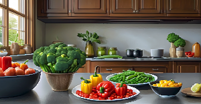 A colorful stir-fried vegetable dish with bell peppers, broccoli, and snap peas in a bright kitchen setting.