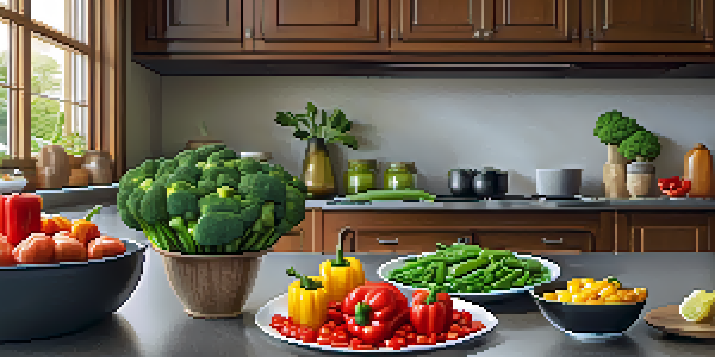 A colorful stir-fried vegetable dish with bell peppers, broccoli, and snap peas in a bright kitchen setting.