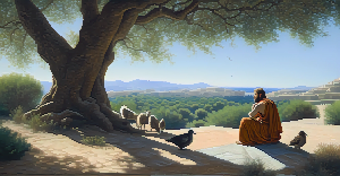 An ancient Greek philosopher, Pythagoras, sitting under an olive tree, surrounded by animals and greenery, reflecting on nature and philosophy.